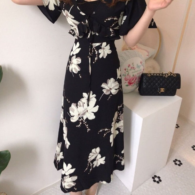 ロングワンピース ワンピ 韓国 コーデ きれいめ 40代 30代 代 半袖 花柄 フレア Vネック リボン 春 夏 マーメード カジュアル デート モノトーン おしゃれ 大人 可愛い ハイウエスト ワンピの里