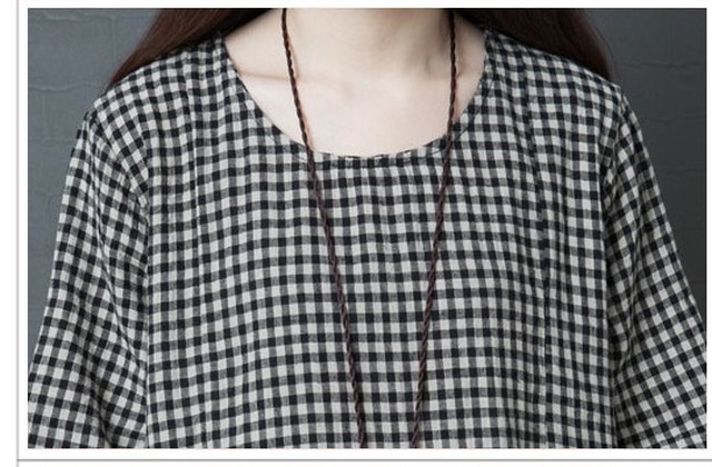 ギンガムチェック柄ワンピース コットンリネン ロング丈 半袖 大きいサイズ ゆったり 春夏秋 大人かわいい 体型カバー Op0424 Natuliria ナチュリリア