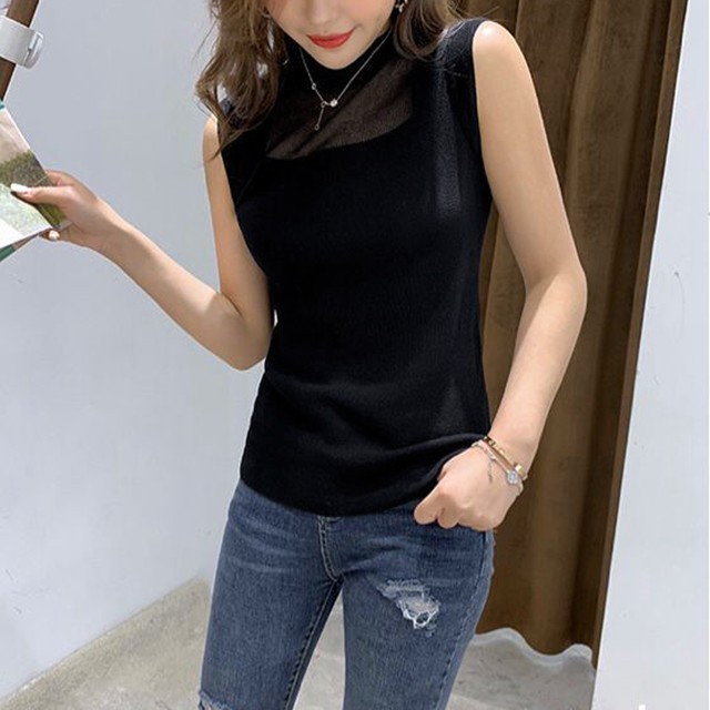 国内発送 サマーニット レディース ノースリーブ 無地 ハイネック タンクトップ 薄手 シースルー 白 黒 セクシー ニット ニットソー トップス Infini Arc En Ciel