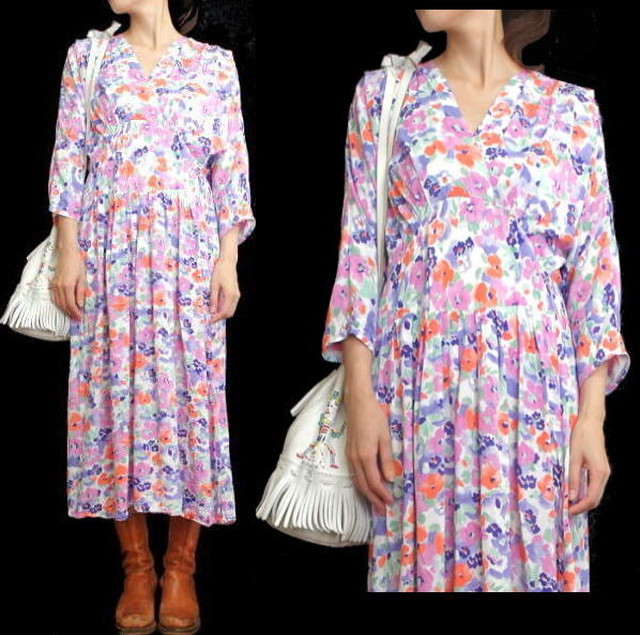 古着 80年代 フラワープリント カシュクール ワンピース ピンク 花柄 M L Nuts Smith Street Market