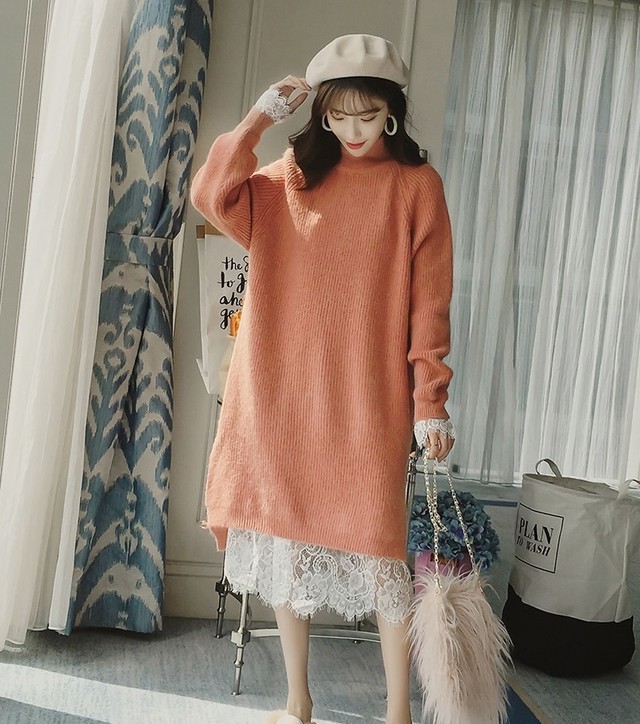 ニットワンピース ツーピース レース ひざ丈 iライン タートルネック レイヤードワンピース 重ね着 長袖 シンプル ゆったり 新作 秋 冬 デート 女子会 モテかわ あったか T1075 Kireina Mizugi