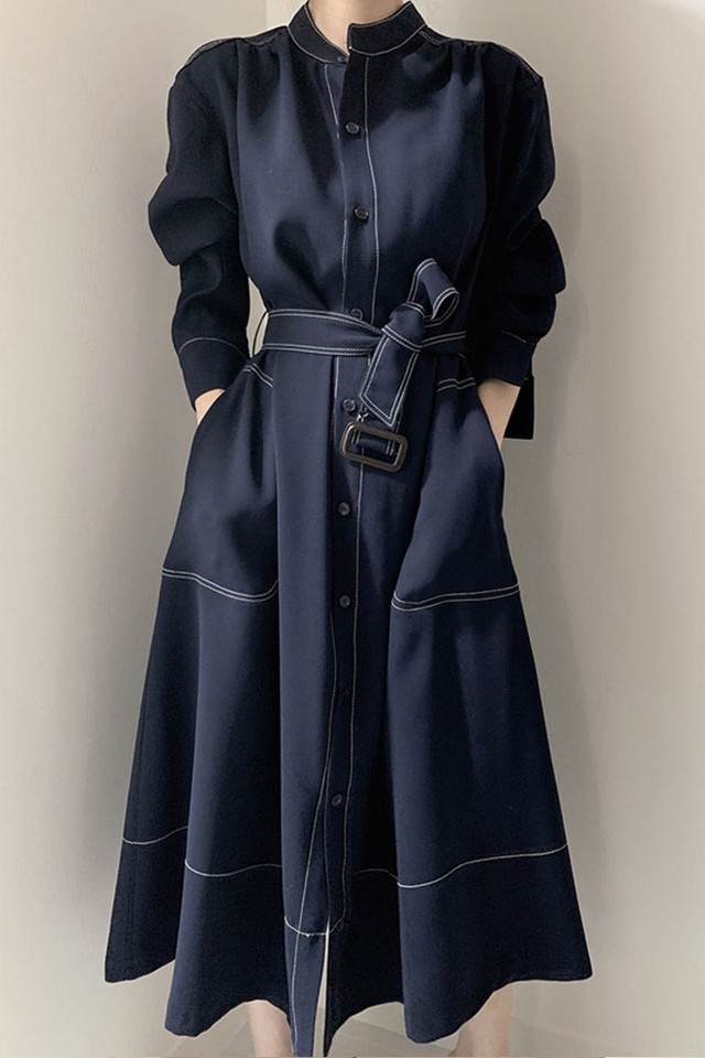 アウター ウエストコンシャス ロング ミディアム パフスリーブ ワンピース ウエストベルト ロングワンピース こなれ感 大人 オフィス お出かけ きれいめ デイリー Select Shop Skry スクリー