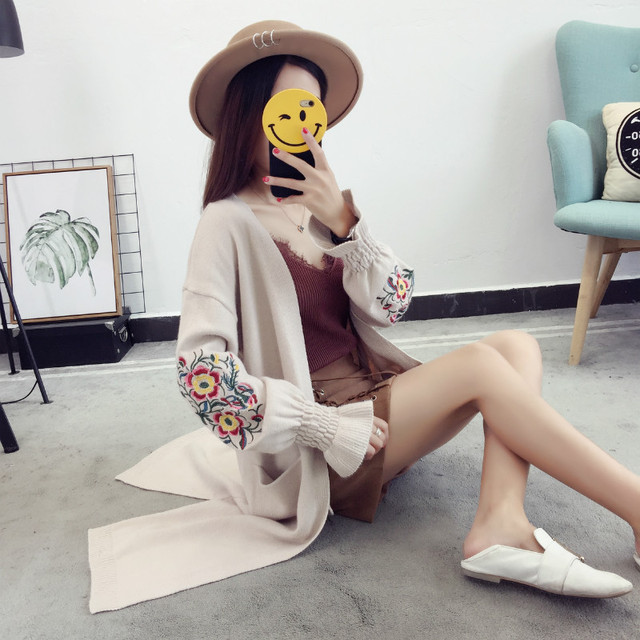 秋冬 エスニック花柄刺繍ロングカーディガン 通勤 通学 プチプラ 送料無料 ボリューム袖 バルーン袖 韓国風 レディース 韓国レディース キッズファッション Londonbridge ロンドンブリッジ