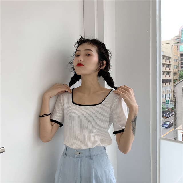 レディース トップス 夏 ニット セーター 半袖 スクエアネック リブ サマーニット ｔシャツ シンプル カジュアル おしゃれ 大人可愛い お出かけ デート 通勤 オフィス 通学 学生 キャンパス 旅行 普段着 ホワイト ブラック イエロー Hf Haru Foo