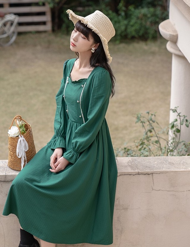 ワンピース レディース 春秋 春ワンピ ミモレ丈 長袖 レトロ フレアスリーブ ふんわり スクエアネック エレガント Ab1926 Valentina210