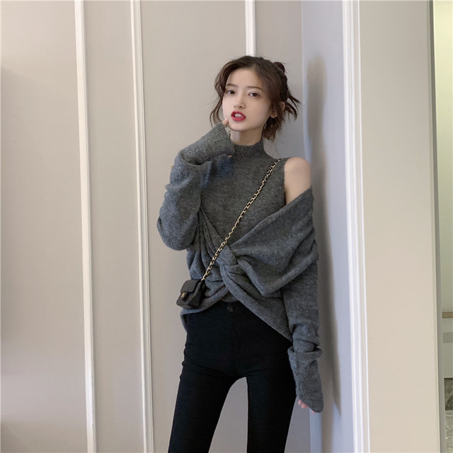 560 セクシーな肌見せスタイルのニットセットアップ グレー 海外のプチプラきれいめカジュアルレディースファッション Pakaian Lucu 海外のプチプラきれいめカジュアルレディースファッション Pakaian Lucu