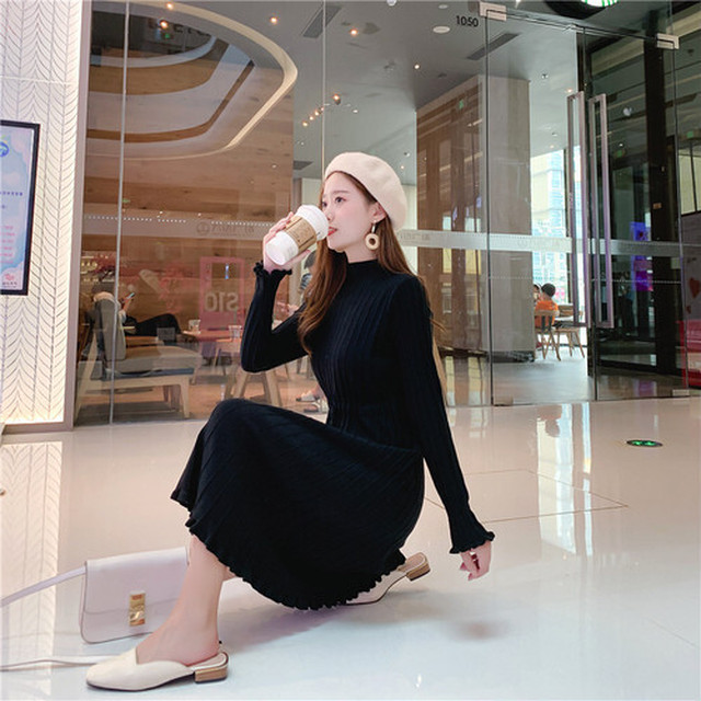 即納 ブラック ワンピース レディース 長袖 膝下 膝丈 秋 冬 Aライン ハイウエスト フレア セミフォーマル Sunflower