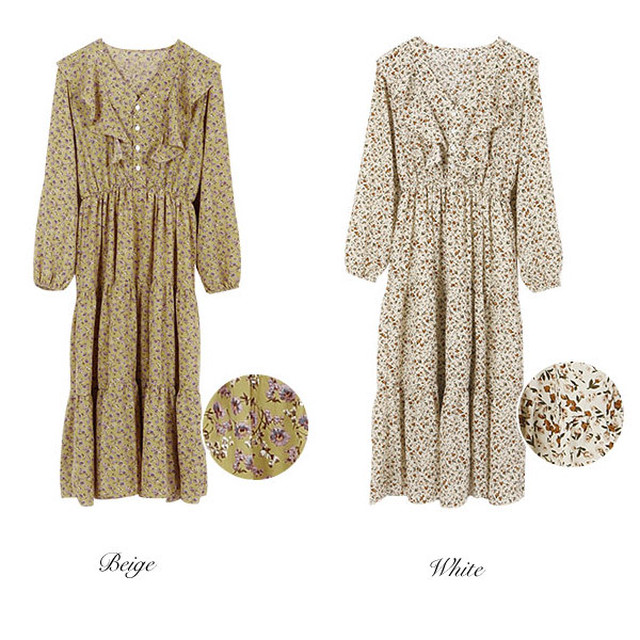 Op023 花柄 ティアード ロング ワンピース ベージュ ホワイト シフォン 長袖 フレア ロング 膝丈 小花柄 Vネック フリル ティアード ミモレ ひざ下丈 透けない 裏地付き 代官山インポートワンピースのセレクトショップ Wild Lily ワイルドリリー