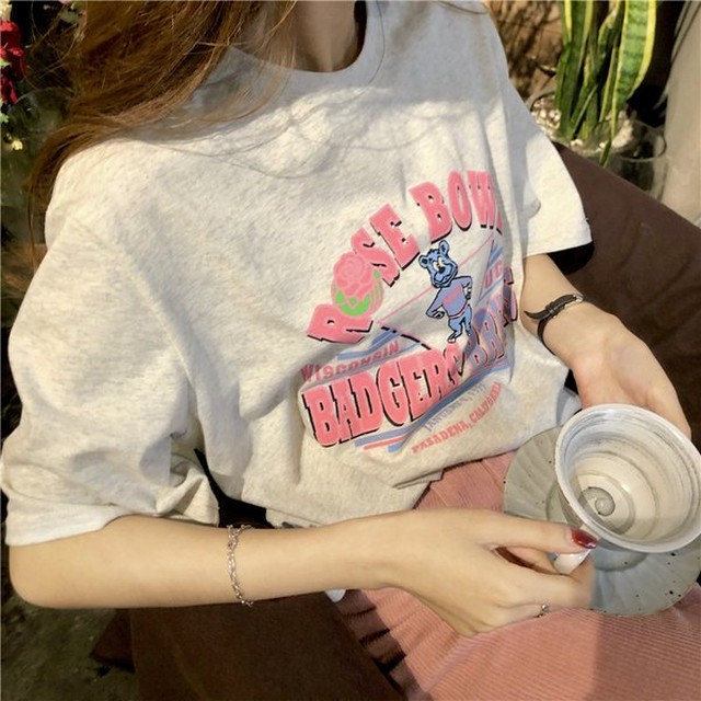 Tシャツ レディース 韓国 ファッション ロゴプリント 半袖 夏トップス ベアー キャラ ロゴ Tee オーバーサイズ かわいい Tシャツ グレー ホワイト Vestito