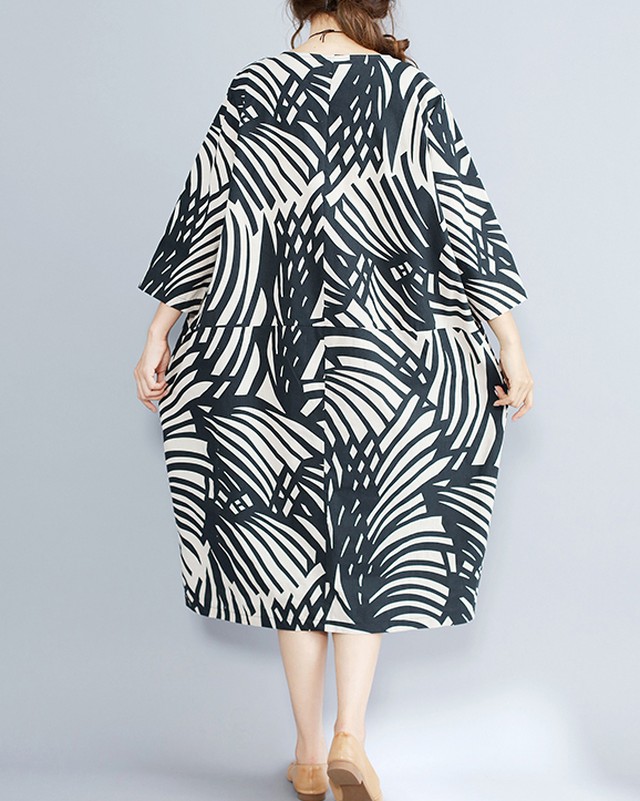 ワンピース ビッグシルエット 流行 大判プリント コットンリネン 葉 リーフ レディース 山ガール 七分丈 大人可愛い Preirie East プレイリー イースト