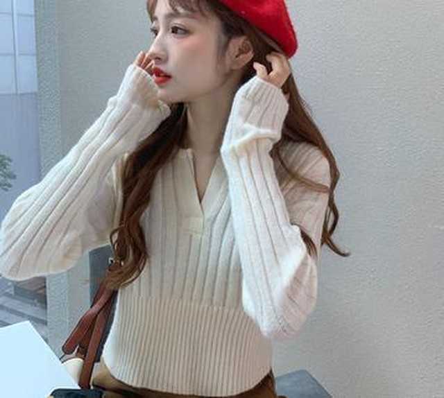 スリム ショート ニット セーター 可愛い 流行り おしゃれ 韓国 秋 Zakiki