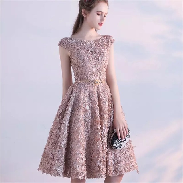 パーティードレス フラワー ブラウン ピンク 海外ファッション かわいい オシャレ 華やか パーティー 結婚式 お呼ばれ 同窓会 10代 代 30代 結婚式 二次会 お呼ばれ 同窓会 パーティードレス専門 Imoshop