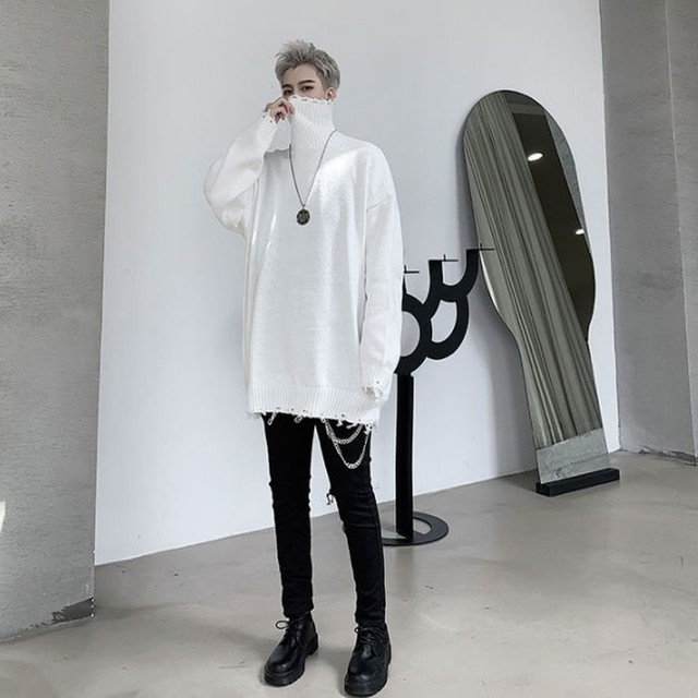 タートルネック ニット セーター ダメージ加工 袖リブ リブネック 裾リブ ルーズフィット オーバーサイズ ブラック ホワイト 黒 白 メンズ レディース ユニセックス ミディアム丈 長袖 ロングスリーブ 韓国 カジュアル モード お支払い後日以内に発送 Top424
