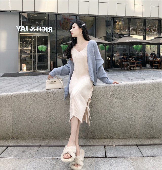 セットアップ ２点セット カーディガン ワンピース ニット Vネック カシュクール ウエストリボン スリット サイドリボン レディース デイリー シンプル 上品 きれいめ ママ ブルー ホワイト ウッディーベース1号店