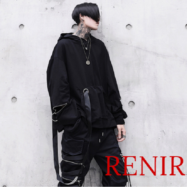 Renir レニール メンズ パーカー ストリート系 黒 フード ブラック モード系 アウター ゆったり 紐付き 個性的 Renir レニール メンズファッション レディースファッション