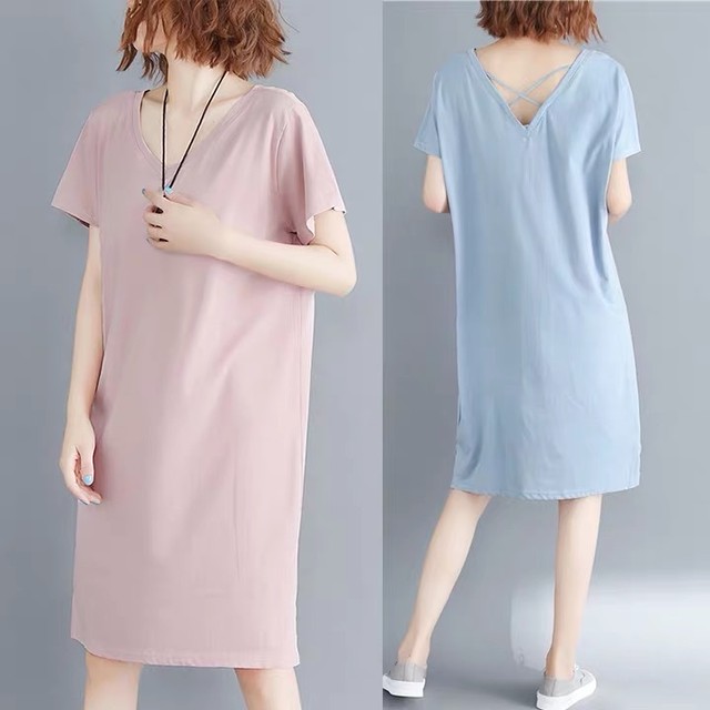 送料無料 Tシャツワンピース 春 夏 Tシャツ ワンピース Vネック レディース カットソー 半袖 ミモレワンピース 膝丈 ひざ丈 チュニックワンピース ルームウェア Primarc