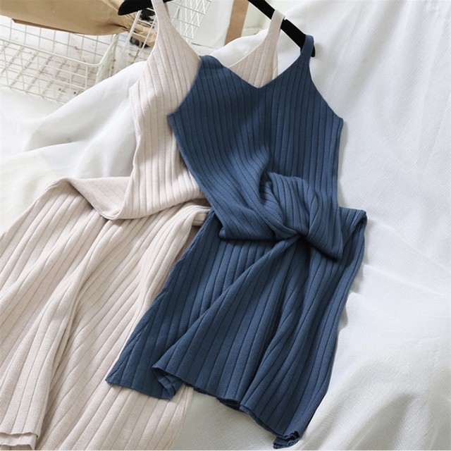 A キャミワンピ ワンカラー カジュアル 全7色 着痩せ ｖネック 夏ワンピース フリーサイズ Loveing