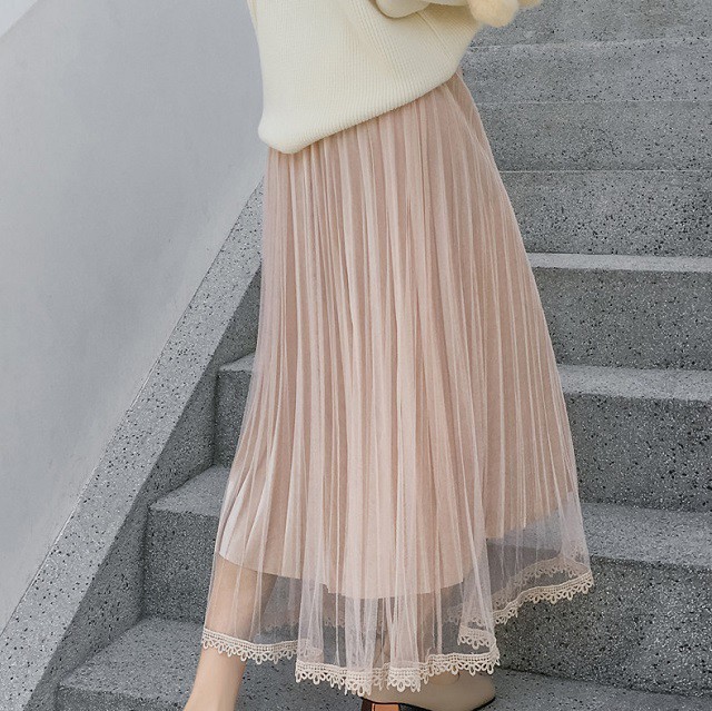 スカート チュールスカート プリーツスカート レース 透け感 光沢 ミモレ丈 フレア ウエストゴム ハイウエスト トレンド T02 Kireina Mizugi