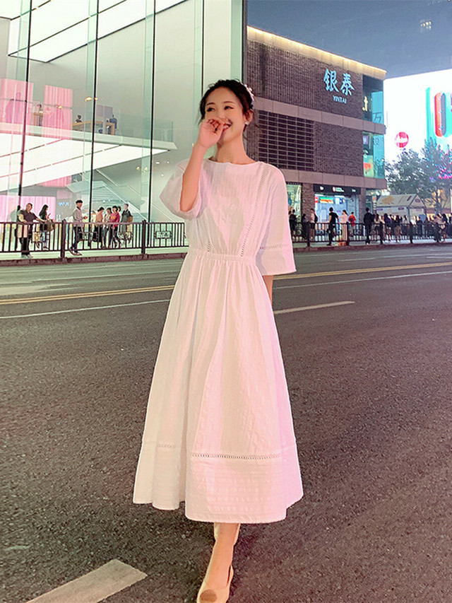 ワンピース ドレス ロングワンピース シャツワンピース 春ワンピース マタニティ ワンピース マキシ丈 フレアワンピ ホワイト 白 七分袖 レース リゾート 清楚 お嬢様 可愛い 10代 代 30代 40代 Ptngt0225 Shop Suba