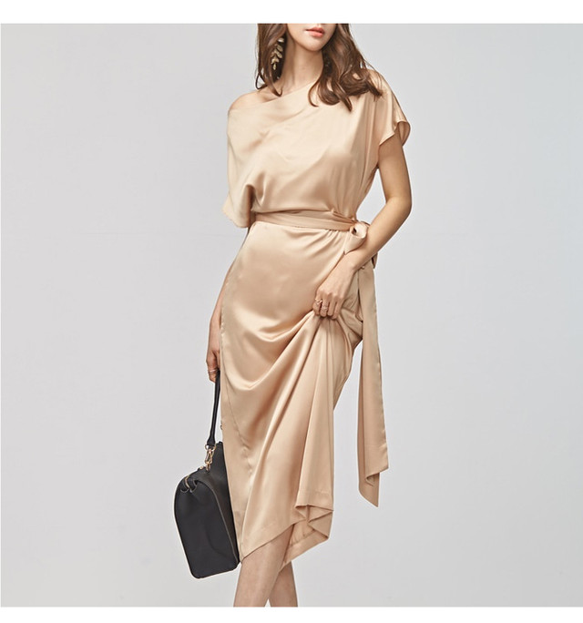 ハイウエストワンピース パーティードレス ロングスカート ミモレ丈 半袖 ウエストベルト フォーマル お呼ばれ お出かけ イベント パーティー Mpuo Miya