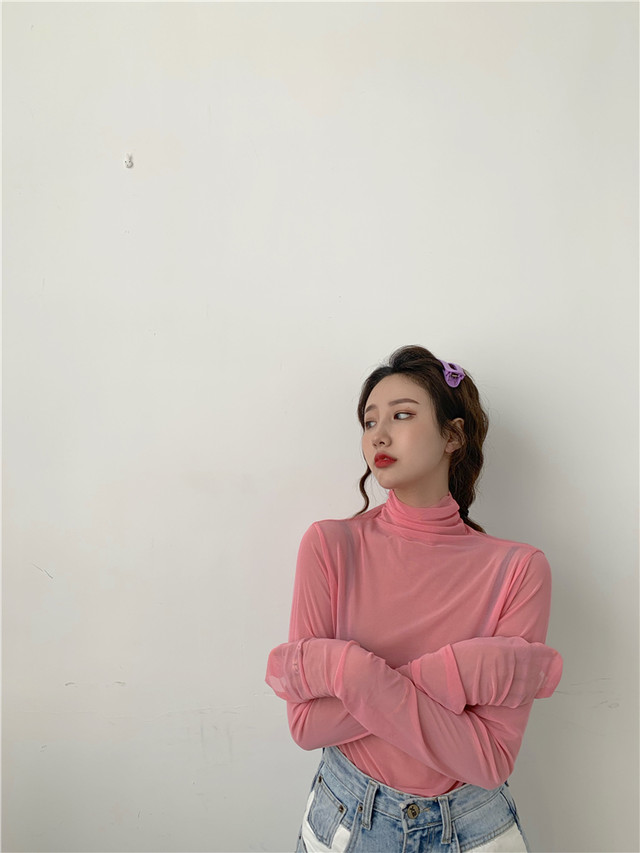 552 レイヤードコーデに活躍してくれるハイネックシースルーカットソー ピンク 海外のプチプラきれいめカジュアルレディースファッション Pakaian Lucu 海外のプチプラきれいめカジュアルレディースファッション Pakaian Lucu