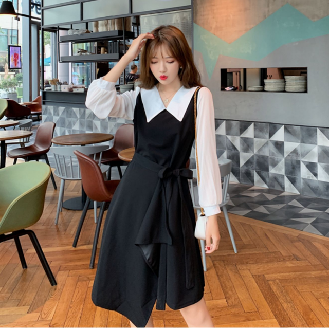 ワンピース レディース ひざ丈 ワンピース レディース ウエストマーク 冬 長袖 ラップスカート セーラーカラー 体型カバー 大きいサイズ ブラック きれいめ 大人かわいい かわいい Evergreen