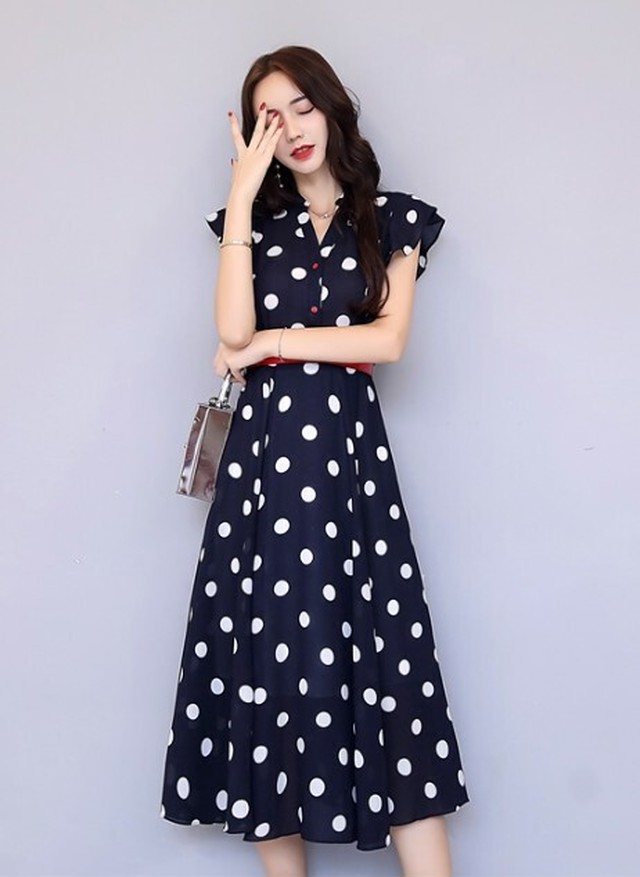 ノースリーブ フレア ワンピース ワンピ シフォン ドット 水玉 赤 青 ミモレ丈 ミディ丈 ｖネック デート ガーリー 春夏 お出かけ デート Officewalaa オフィスワラア レディースファッション スタイル