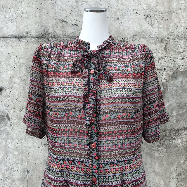 リボンタイ付 半袖 総柄ワンピース 古いモノとお洋服 Jiji Japan Vintage Shop