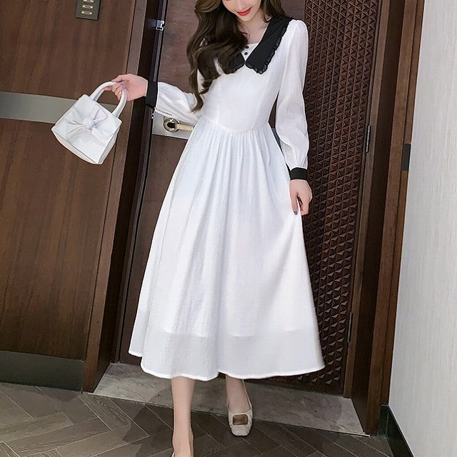 ワンピース ミモレ丈ワンピース バイカラー 長袖 Vネック 襟 レース シフォン 演奏会 およばれ Aライン 着やせ ウエストマーク きれいめ 春 ホワイト お洒落 Ol ワンピの里