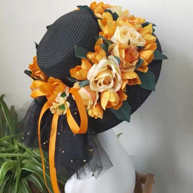 華やか 花 帽子 水色 帽子 デコレーション 海 夏 撮影 花 フラワー リボン 海外 ゴージャス 個性的 サマー 麦わら 帽子 ハット 日よけ オレンジ Loveysmileshop