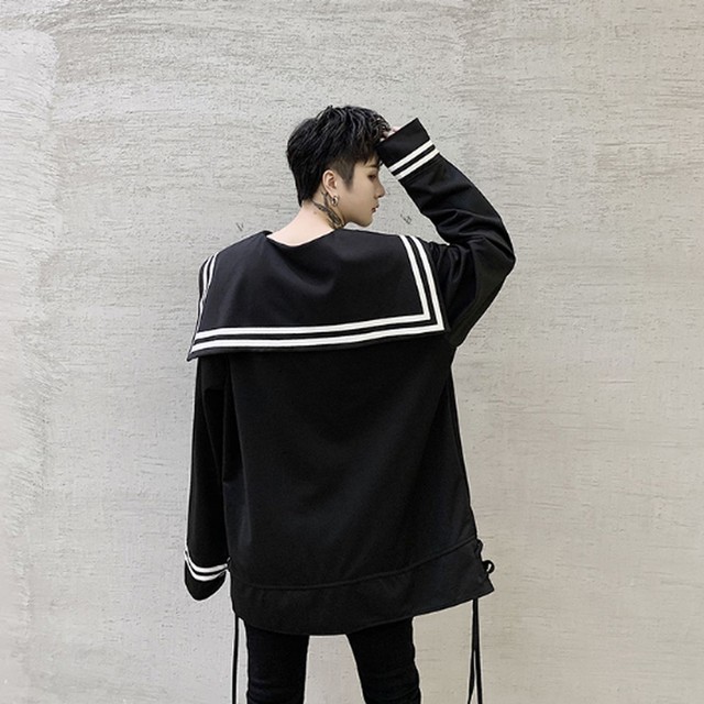 セーラーデザイン シャツ ロングスリーブ 長袖 オーバーサイズ ブラック 黒 ホワイト 白 メンズ ユニセックス レディース モード カジュアル 学生風 セーラー 爽やか リボン お支払い後日以内に発送 Top123 Verlorene Welt