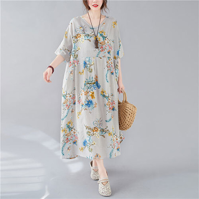 ワンピース 花柄 ｖネック 半袖 マキシ丈 グレー 夏 ２０代 ３０代 ４０代 くすみカラー 大きいサイズ Rb R3 22 Sa06 0008 Redbell