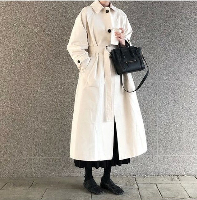 秋冬物 コート ステンカラーコート シングルコート ロング丈コート 羽織り ハイウエスト ベルト Aライン お出掛け デイリー Magnifique