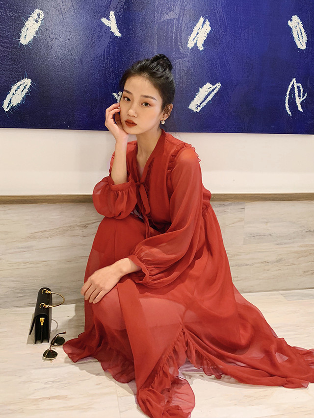 秋 冬 レディース ワンピース ロングワンピース 小さいサイズ レッド 赤 シフォン シースルー 透け感 かわいい おしゃれ 韓国 きれいめ プチプラ Fa 9 253 Dress Sugar Moon