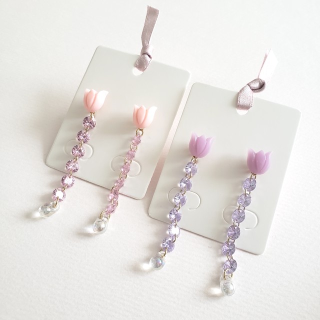 ヴィンテージチューリップピアス ビジューキャッチ パールバックキャッチ付き Pink Lavender ピンク ラベンダー Miss Lemon インポートアクセサリー カチューシャ ヘアアクセサリー ハンドメイドアクセサリー