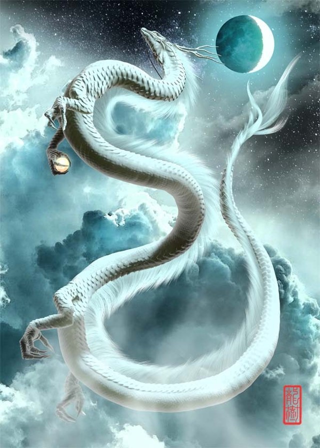 龍の絵 三日月と白龍 明るめ ａ４ 龍の絵