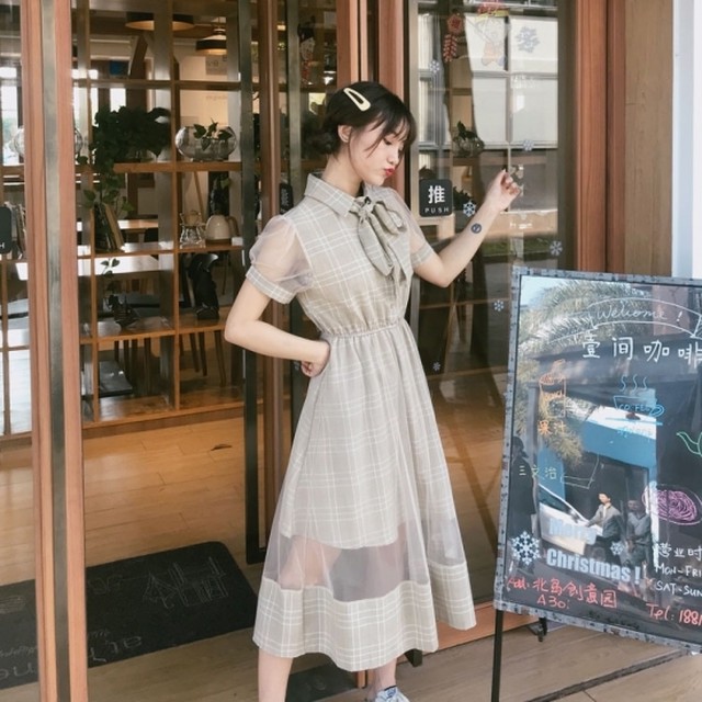 ロングワンピース ロングワンピ レディース 半袖 シャツ チェック ロング ワンピース シースルー リボンタイ 大きいサイズ 可愛い 春新作 春 春色 春服 春sale ロングワンピース ロングワンピ Leaflower 001 リーフラワー レディースファッション専門店