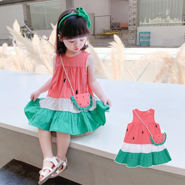 ワンピース ノースリーブ スイカ ヨーク 切り替え 配色 ポシェット プレゼント 赤 白 緑 夏 かわいい 子供 キッズ 女の子 女児 Mo762 Berceau Select Shop ベルソー セレクトショップ キッズ 親子ペアetc