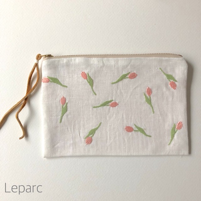 大人の花糸刺繍リネンポーチ チューリップ Leparc