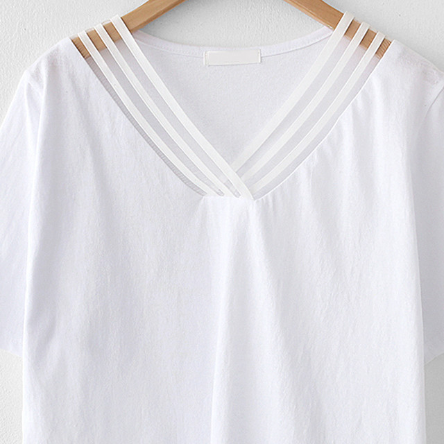 透け感 Vネック ｔシャツ 半袖 ブラウス 大きいサイズ レディース トップス 夏服 韓国 ファッション J Aeka Clothet