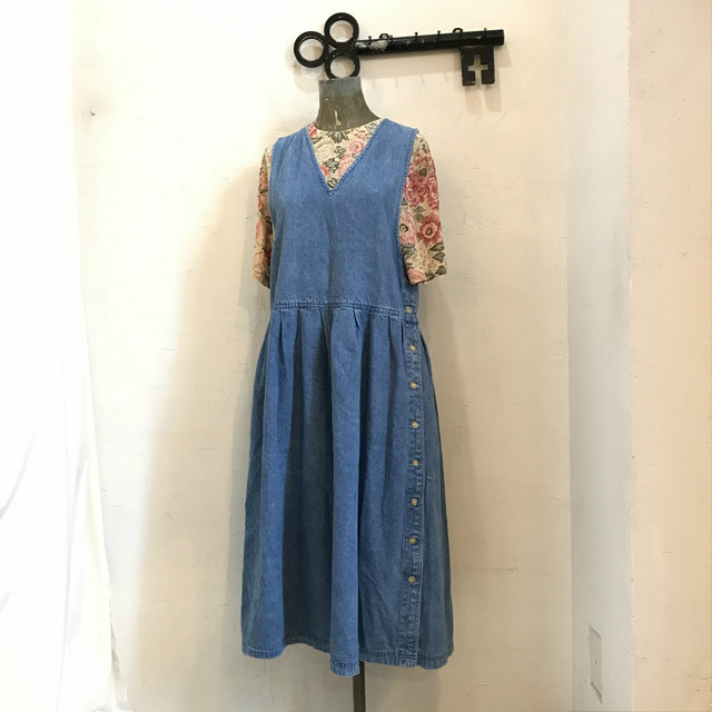 デニム サイドボタン ロングジャンパースカート ワンピース ブルー ヴィンテージ Tokyodresslab