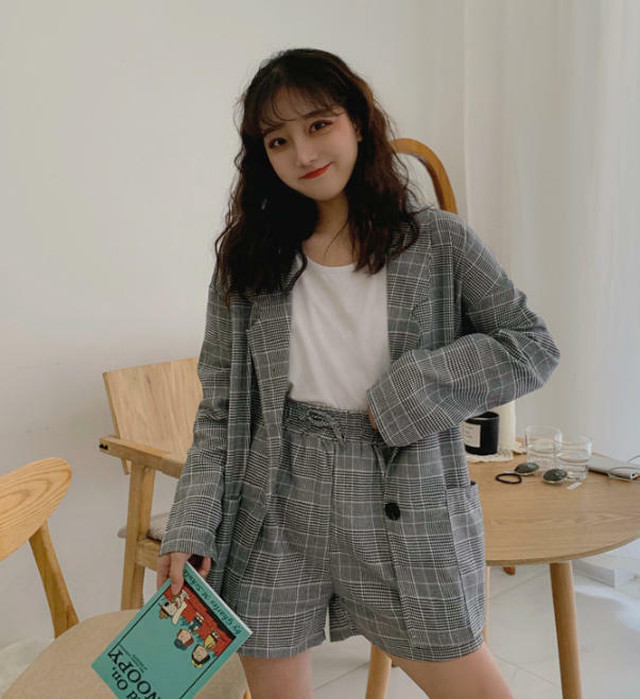 2色 セットアップ チェック ジャケット ショートパンツ ハイウエスト ウエストゴム ゆったり カジュアル レトロ 韓国 オルチャン ファッション Cocotown