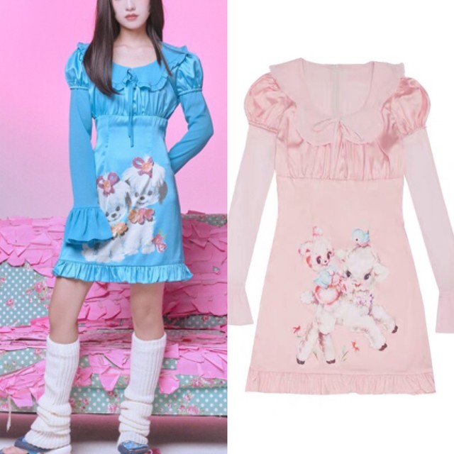 2カラー ワンピース クマ しか バンビ ピンク 水色 ワンピース ガーリー Loveysmileshop