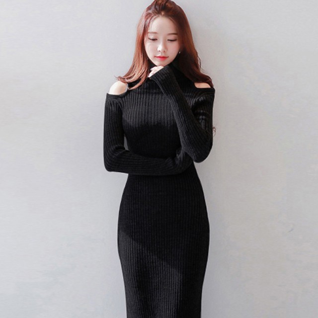 ハイネック オープンショルダー ニット ドレス 膝下丈 黒 灰 ニット ワンピース Garage Diva 106