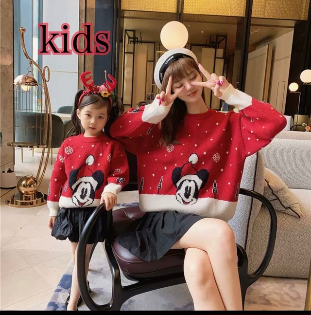 Ksnt1 送料無料 Kids Baby クリスマス Mickey プリントニット ミッキーニット クリスマスミッキー Mickey ニット プルオーバー 親子コーデ 家族コーデ リンクコーデ ミッキートレーナー クリスマスコーデ クリスマスニット Luana