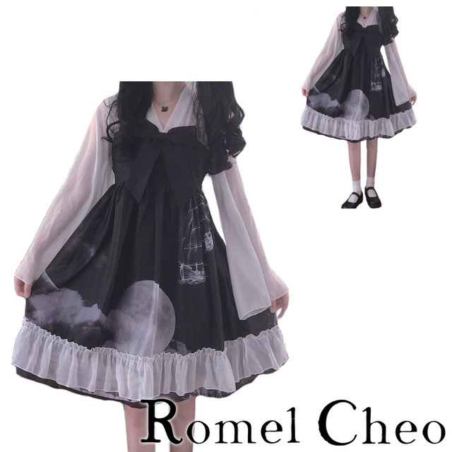 お支払い確認後日以内発送 Romelcheo シースルー 月夜 ワンピース 和風 モノトーン レデイース ベルスリーブ Aライン リボン 膝丈 透け感 ゴスロリ 白黒 服 病みかわ 原宿系 青文字系 暗黒系 ガーリー 森ガール ファッション 夏ワンピース ロメルチェオ Romelcheo