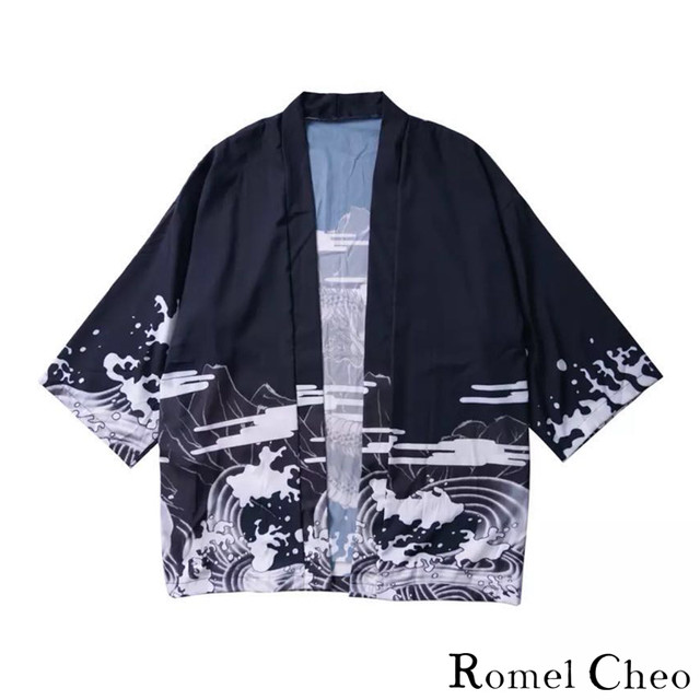 Romelcheo 龍柄 羽織 和服 和柄 和風 モダン 現代風 七分袖 7分袖 上着 法被 メンズ レディース ユニセックス アジアン エスニック ファッション ストリート系 B系 オラオラ系 カジュアル 原宿系 カーディガン トップス ロメルチェオ Romelcheo