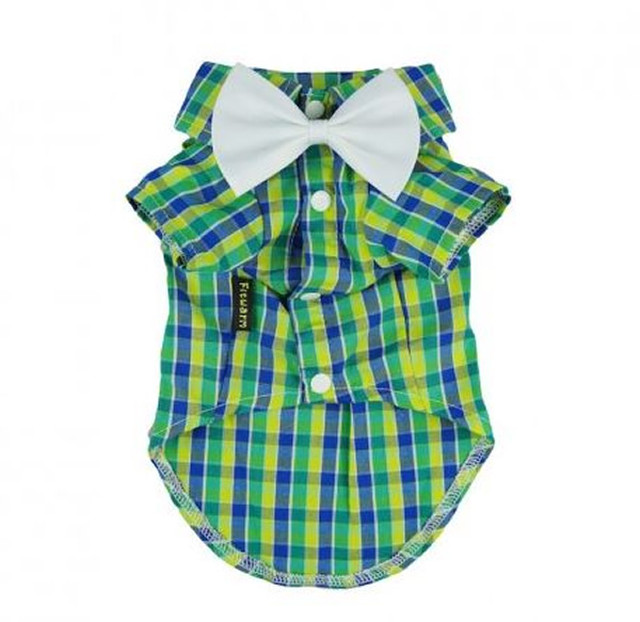 犬服 蝶ネクタイ付 グリーン チェックシャツ Ma Puceマピュス