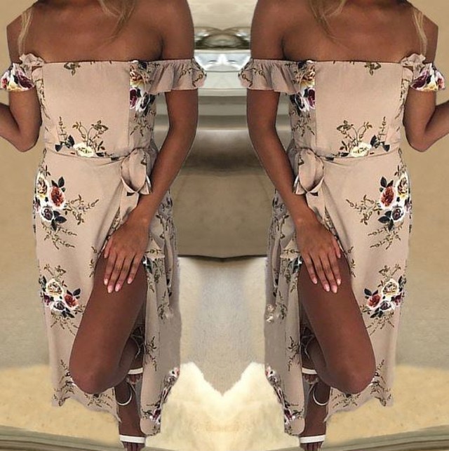 レトロな雰囲気の花柄オフショルマキシワンピース オフショルダー 肩出し オフショルワンピース 大きいサイズ リゾートワンピース ビーチワンピース ロング丈 マキシ丈 スリット 夏ワンピ リゾート ビーチ 夏 海 旅行 デート お呼ばれ セクシー Lalas