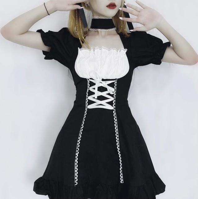 小悪魔フリル ワンピース ゴシック ロリータ ゴスロリ ミニワンピ 半袖 地雷系 量産型ヲタク Glow